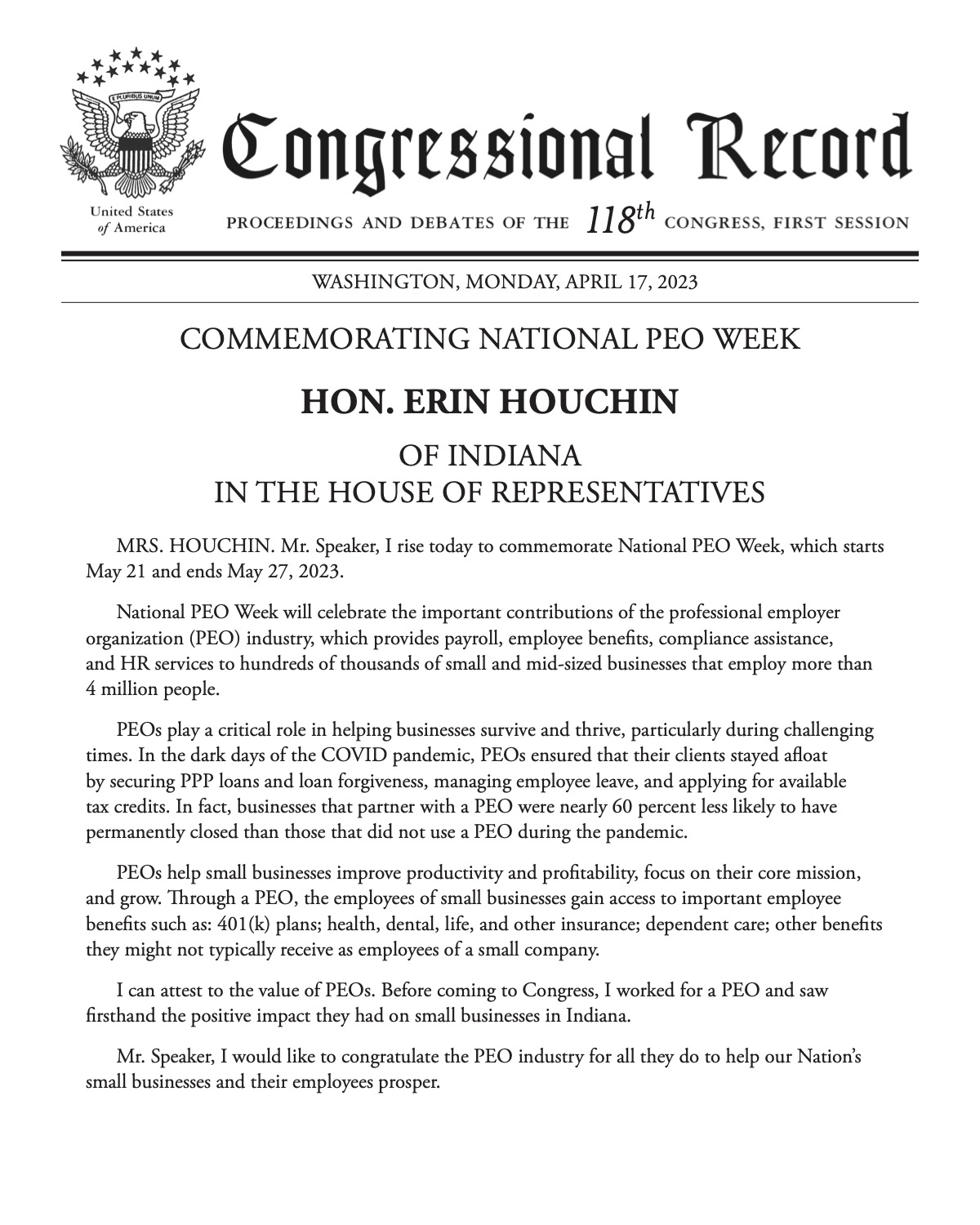 Image linking to PDF of a Congressional Proclamation that commemorates National PEO Week and highlights the contributions of the PEO industry