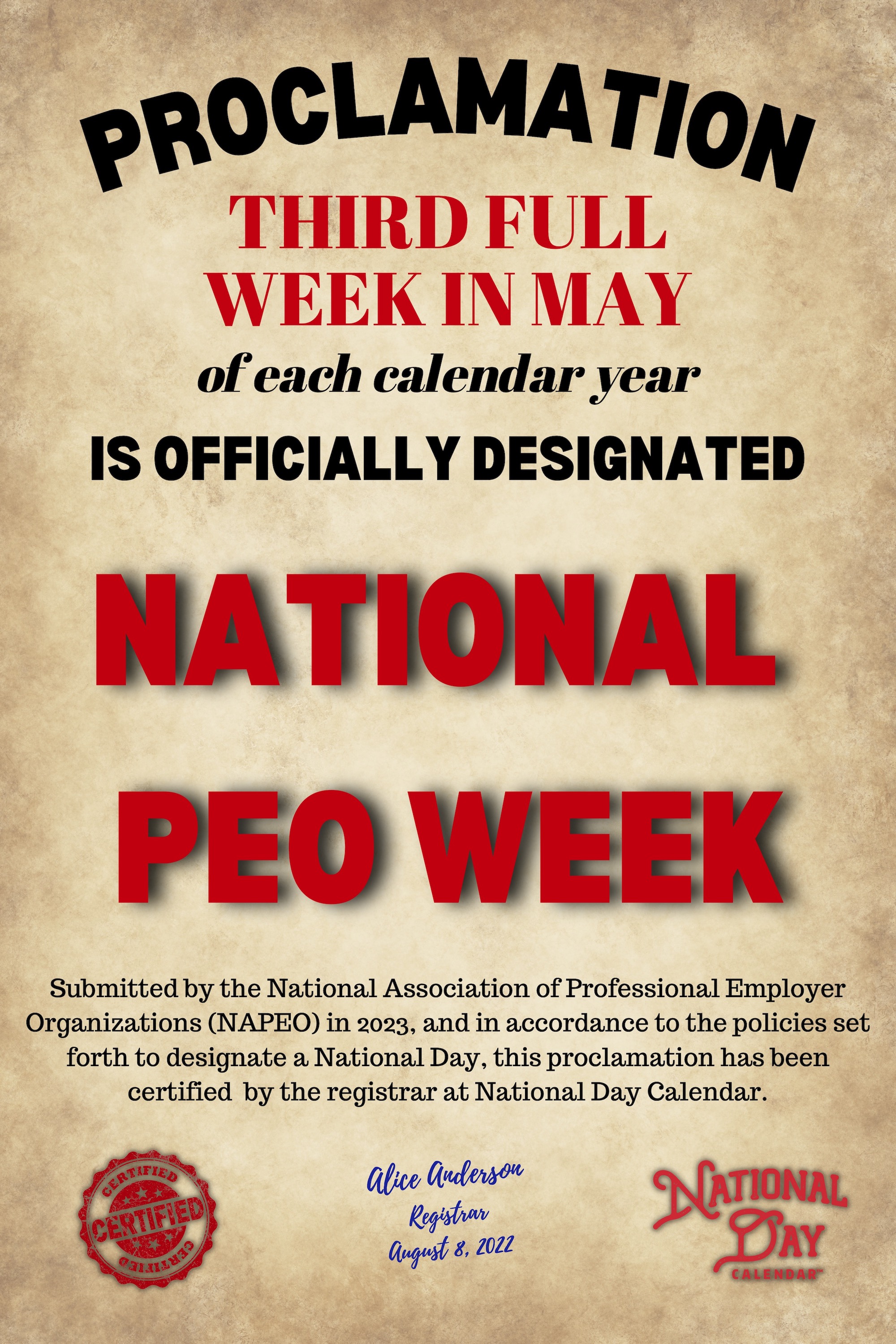 Image linking to PDF from the National Day Calendar organization certifying the third full week in May as National PEO Week.